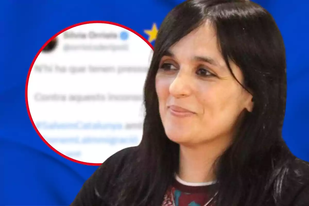 Montaje de Silvia Orriols y un tuit con la bandera de la Unión Europea