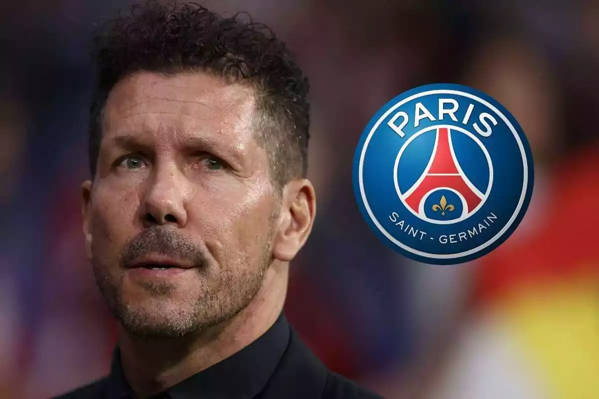 Montaje de Simeone en primer plano mirando el escudo del PSG