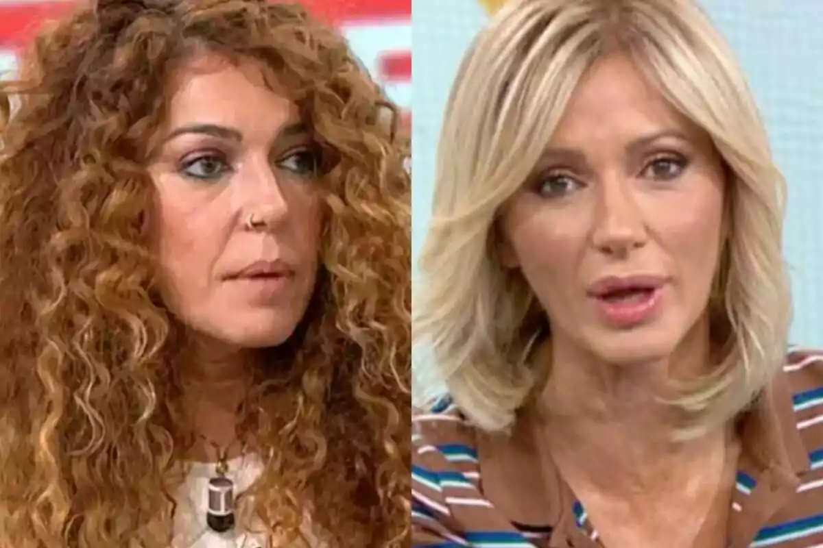 Dos mujeres con expresiones serias, Sofía Cristo con cabello rizado y castaño y Susanna Griso con cabello lacio y rubio, ambas en el plató de Espejo Público.