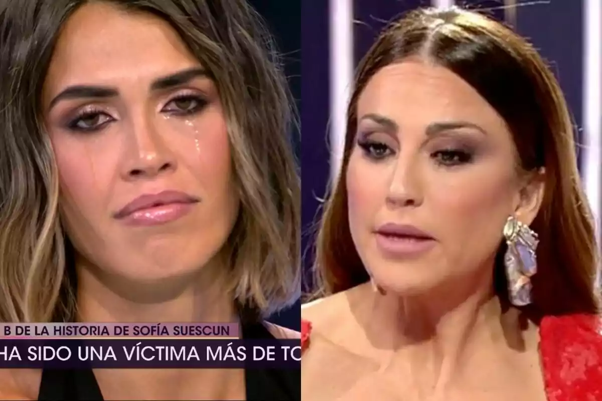 Montaje de Sofía Suescun a la izquierda llorando con Beatriz Archidona hablando a la derecha en el plató de De Viernes