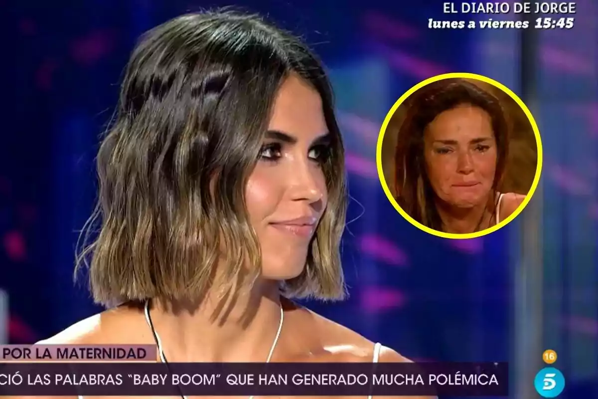 Montaje de Sofía Suescun con cabello corto y ondulado aparece en De Viernes, con un recuadro amarillo que muestra a Olga Moreno llorando en la esquina superior derecha