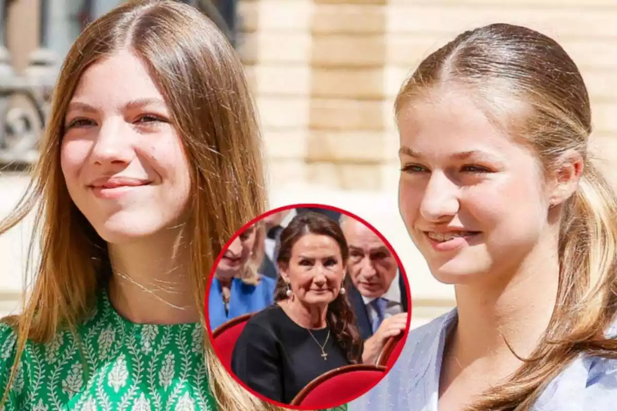 Montaje de la infanta Sofía sonriendo con un vestido verde y blanco junto a Leonor sonriendo con un coleta y Paloma Rocasolano con rostro neutro sentada