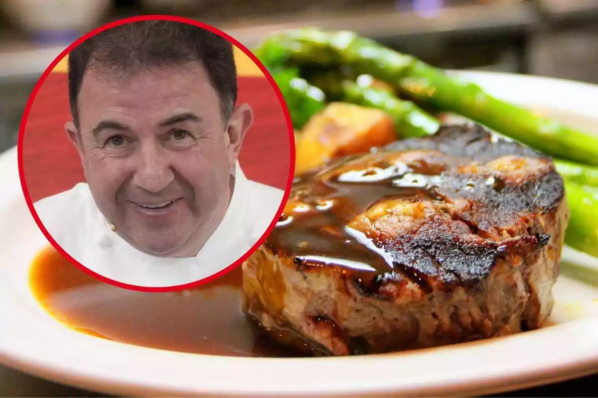 Montaje con un plato con un trozo de solomillo con salsa y un círculo con la cara del chef Martín Berasategui