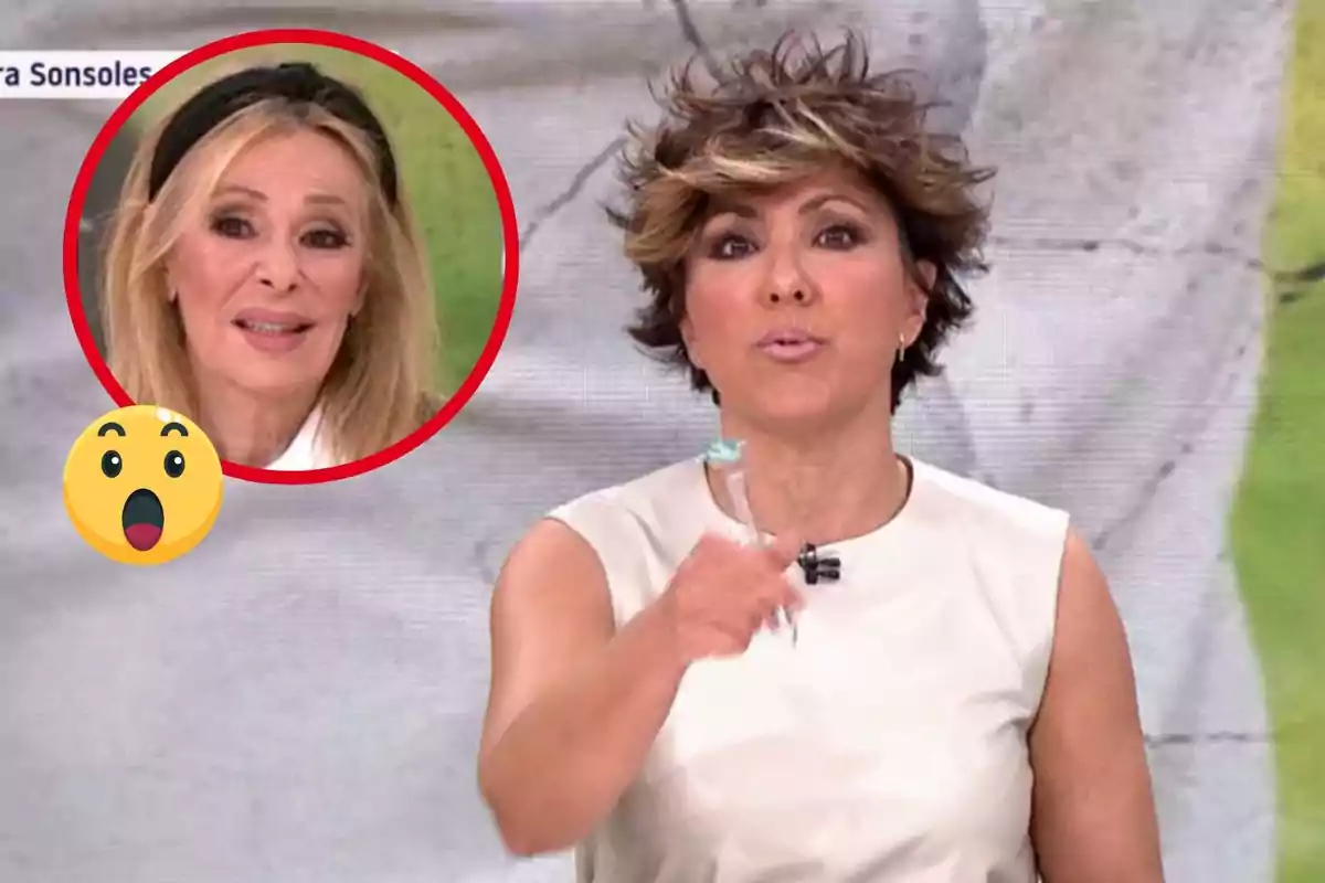 Sonsoles Ónega está hablando en 'Y ahora Sonsoles', mientras que en un círculo rojo se muestra el rostro de Ana Obregón con una expresión neutral y un emoji sorprendido al lado.