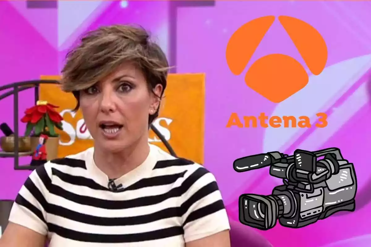 Montaje de Sonsoles Ónega con la boca abierta y un jersey de rallas, el logo de Antena 3 y una cámara