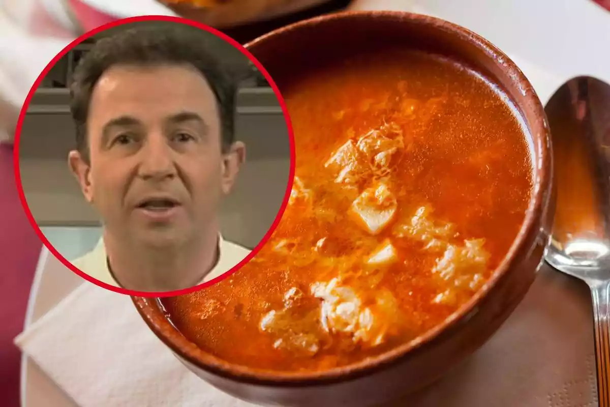 Montaje con un bol de sopa castellana y un círculo con la cara del chef Martín Berasategui