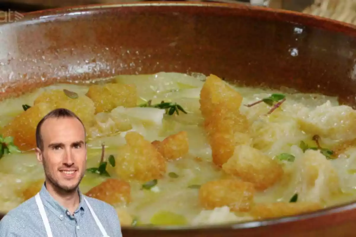 Montaje con una sopa de cebolla y Arnau París sonriendo con un delantal