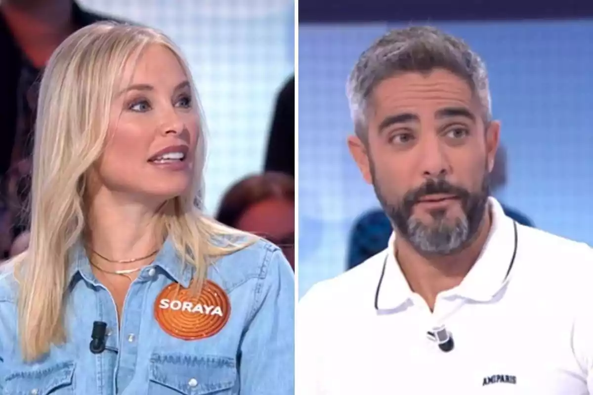 Montaje de Soraya Arnelas en el equipo naranja y Roberto Leal presentando 'Pasapalabra'