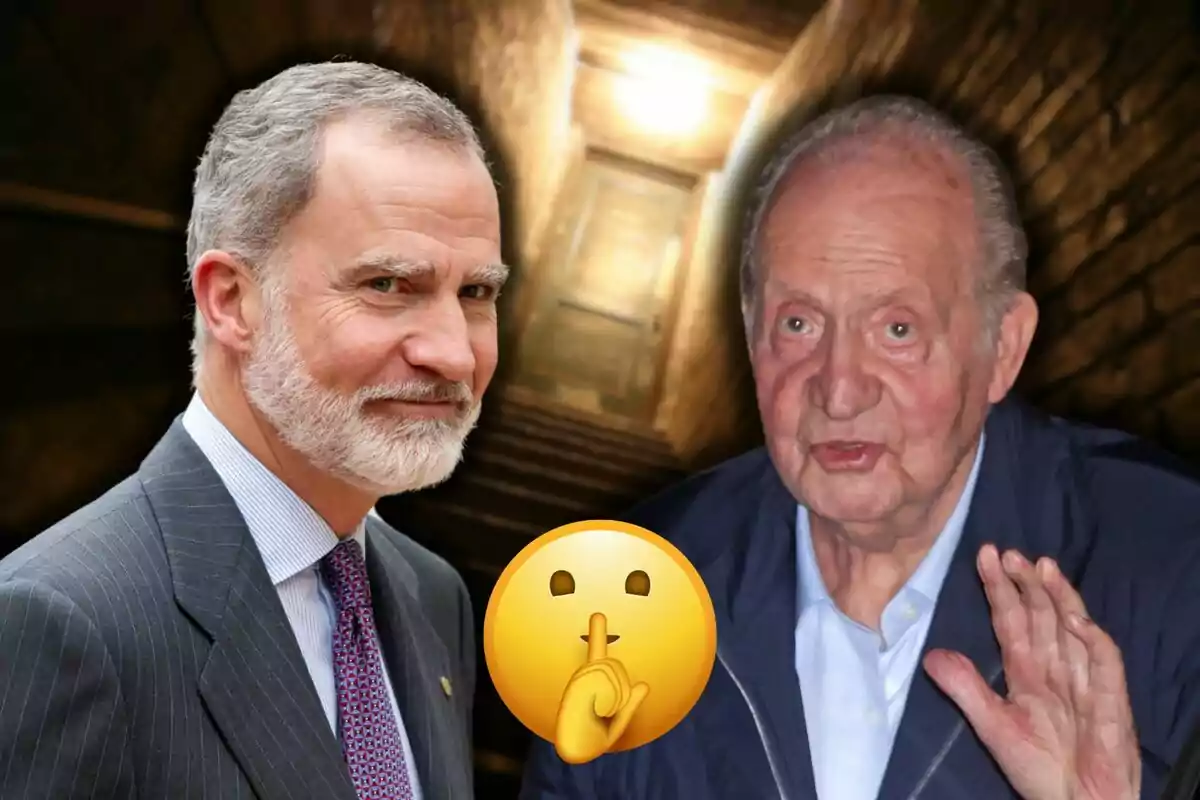 Felipe VI y Juan Carlos I frente a un fondo oscuro con un emoji de silencio en el centro.