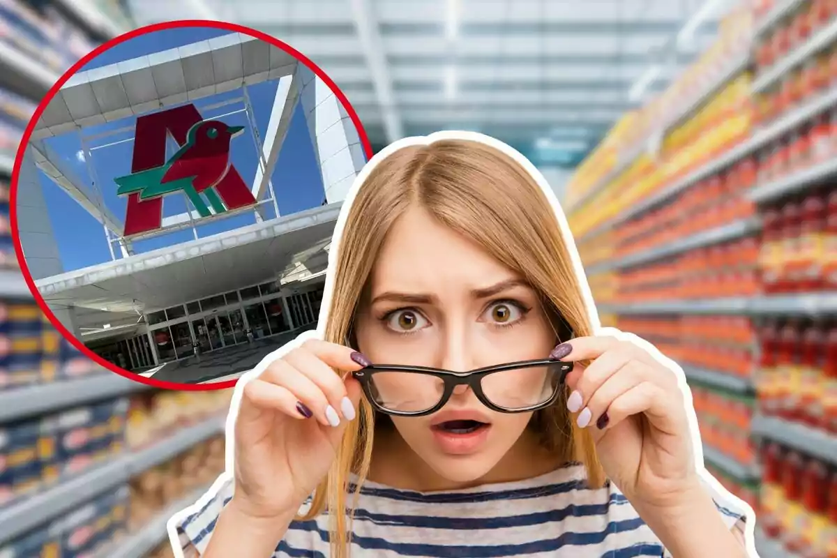 Una mujer sorprendida en un supermercado con un logo de tienda en un círculo.