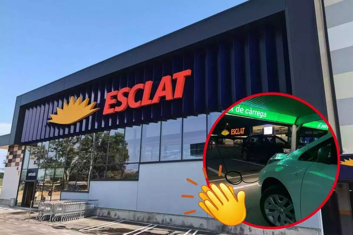 Montaje de un supermercado Esclar des del exterior, un coche eléctrico cargándose y un aplauso