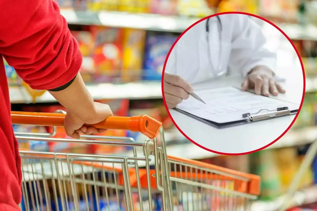 Persona empujando un carrito de compras en un supermercado con un recuadro que muestra a un médico escribiendo en un formulario.