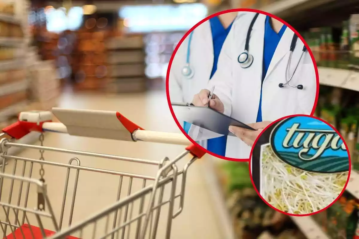 Montaje con un carrito en el pasillo de un supermercado, un círculo con un médico con bata blanca tomando apuntes y otro círculo más pequeño con el producto afectado
