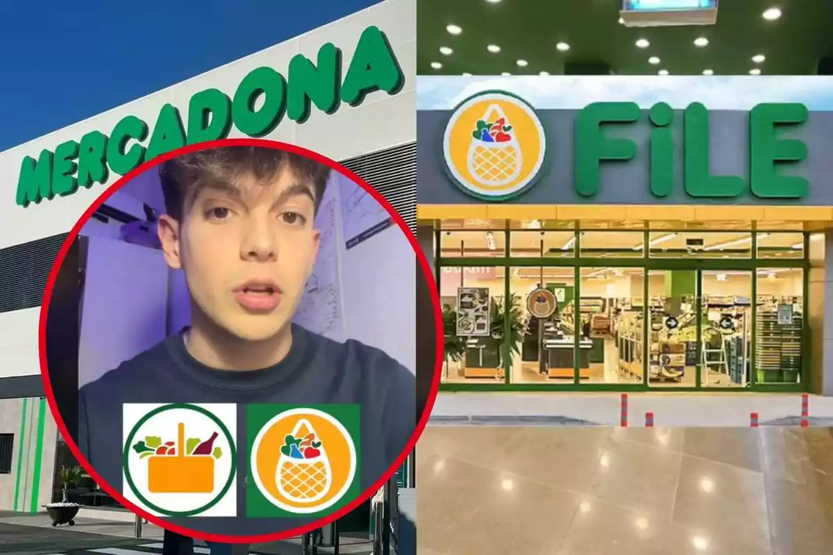 Montaje con el exterior de un supermercado de Mercadona, un supermercado turco File y un círculo con la cara del joven tiktoker Helio Roque