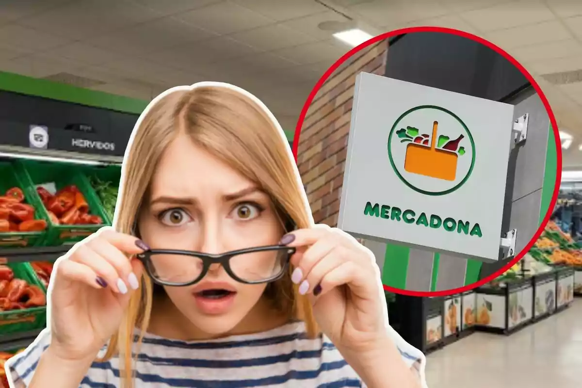 Una mujer sorprendida en un supermercado con un cartel de Mercadona en el fondo.