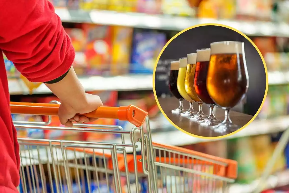 Montaje de un pasillo de supermercado con un carrito y una redonda con diferentes tipos de cerveza