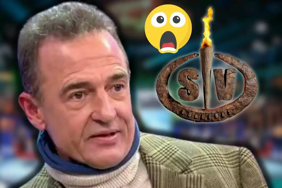 Alessandro Lequio con expresión seria en primer plano, al fondo un emoji sorprendido y el logo de un programa de televisión con una antorcha encendida
