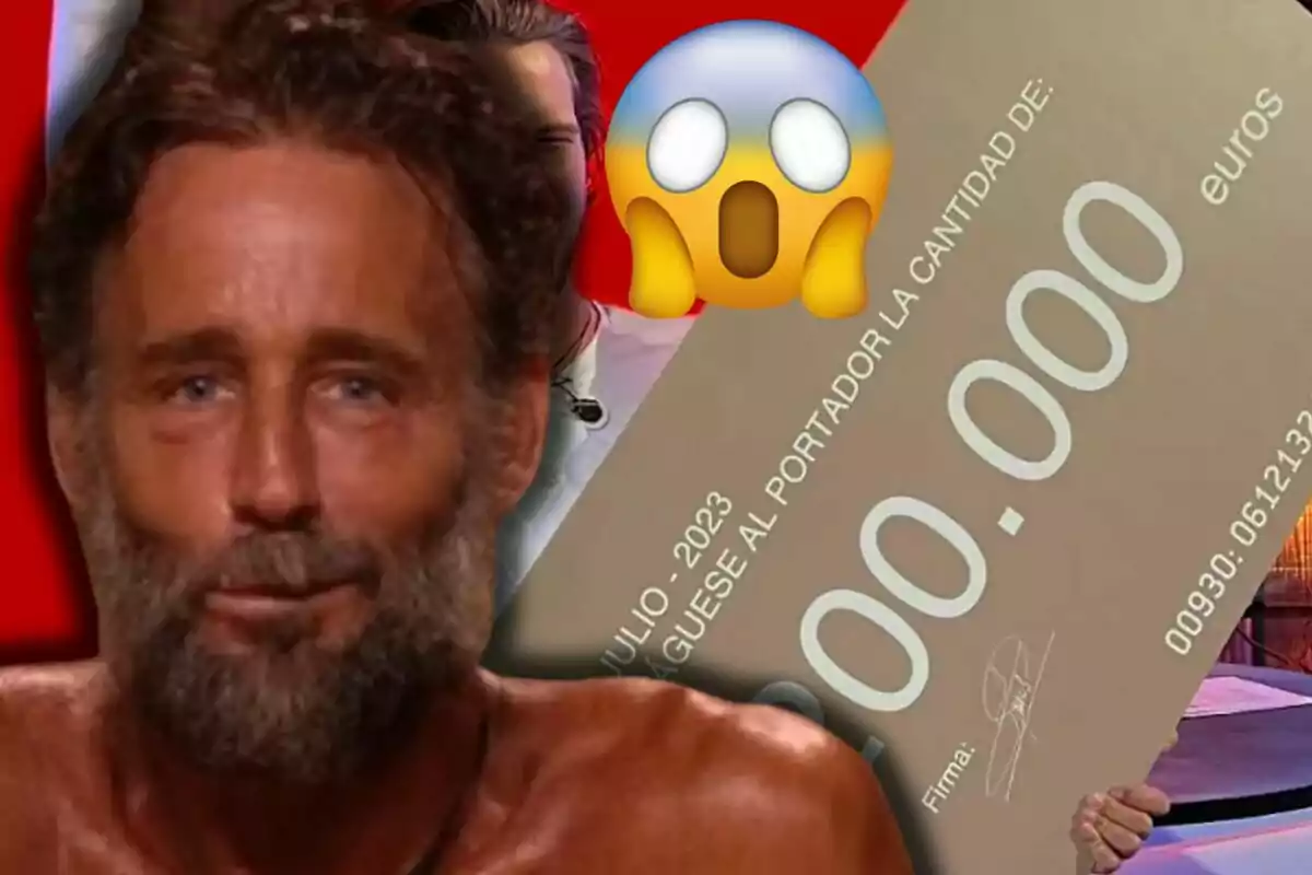 Álvaro Muñoz Escassi aparece en primer plano, detrás de él hay un cheque gigante de 200,000 euros y un emoji de sorpresa