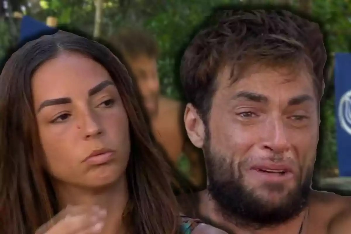 Anita y Montoya en un entorno al aire libre, una mujer con expresión seria y un hombre con expresión de llanto. Anita y Montoya en un entorno al aire libre, una mujer con expresión seria y un hombre con expresión de llanto.