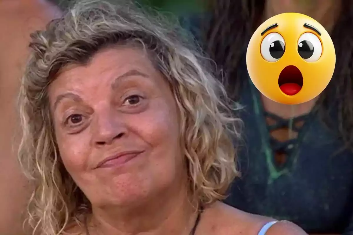 Terelu Campos con expresión neutral junto a un emoji sorprendido.