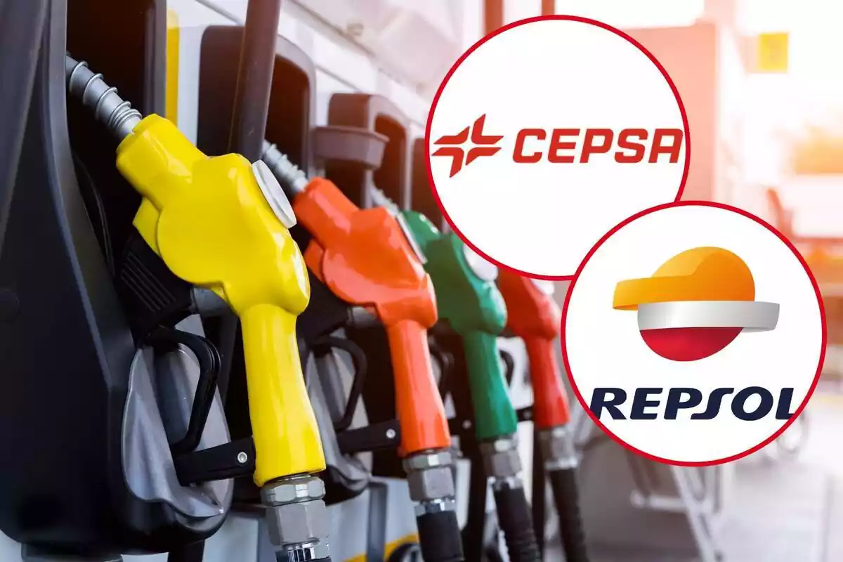 Montaje con cuatro surtidores en una gasolinera y dos círculos con los logos de Cepsa y Repsol