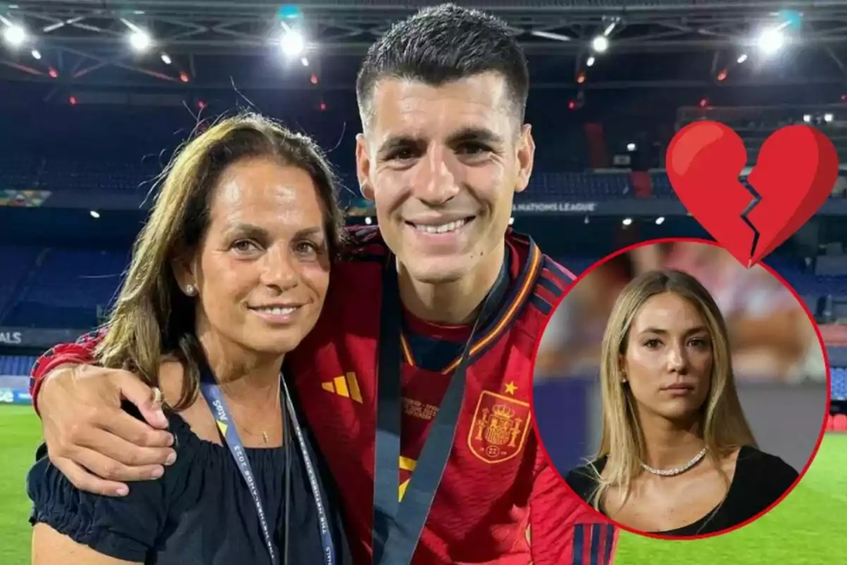 Álvaro Morata sonríe junto a Susana Martín en un estadio, mientras que en la esquina inferior derecha hay una imagen de Alice Campello con un corazón roto superpuesto.