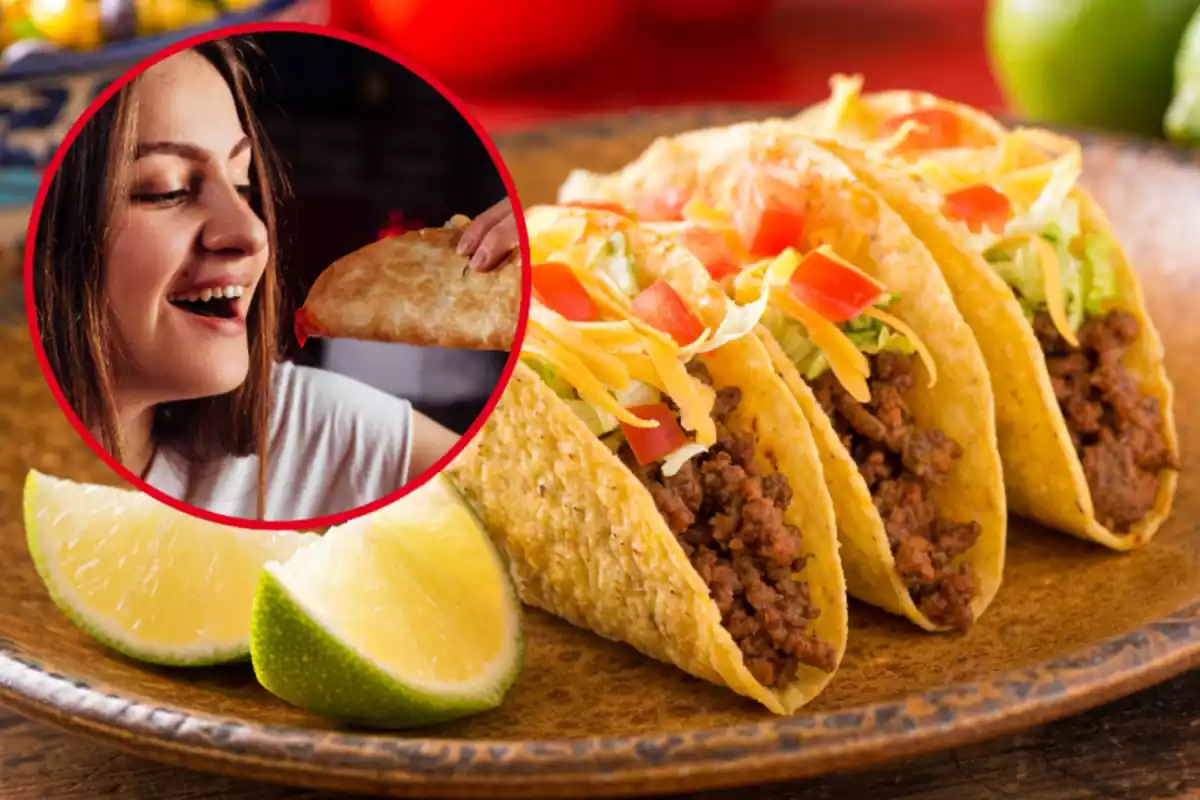 Montaje con un plato con tres tacos mexicanos y un círculo con una mujer a punto de comerse un taco
