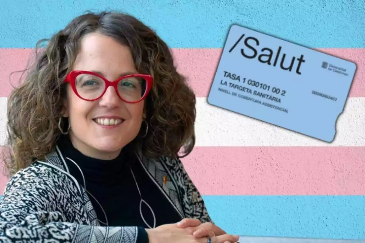 Montaje de Tània Verge con la Targètia Sanitària i la bandera trans