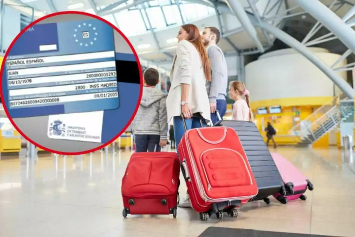 Unos viajeros con sus maletas en el aeropuerto y en el círculo, la tarjeta sanitaria europea