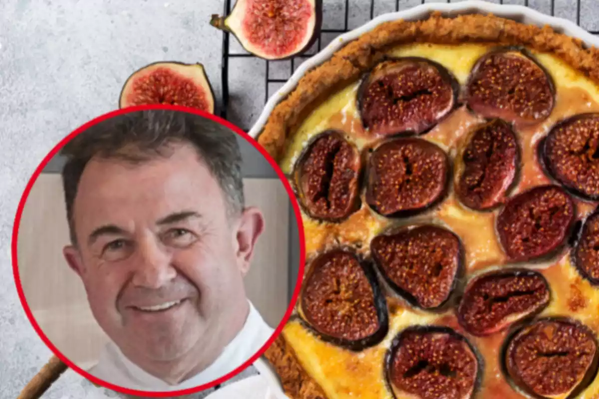 Montaje con una tarta de higos y un círculo con la cara del chef Martín Berasategui