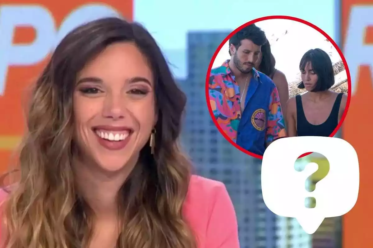 Montaje de Tatiana Arús sonriendo, Sebastian Yatra junto a Aitana serios y un interrogante