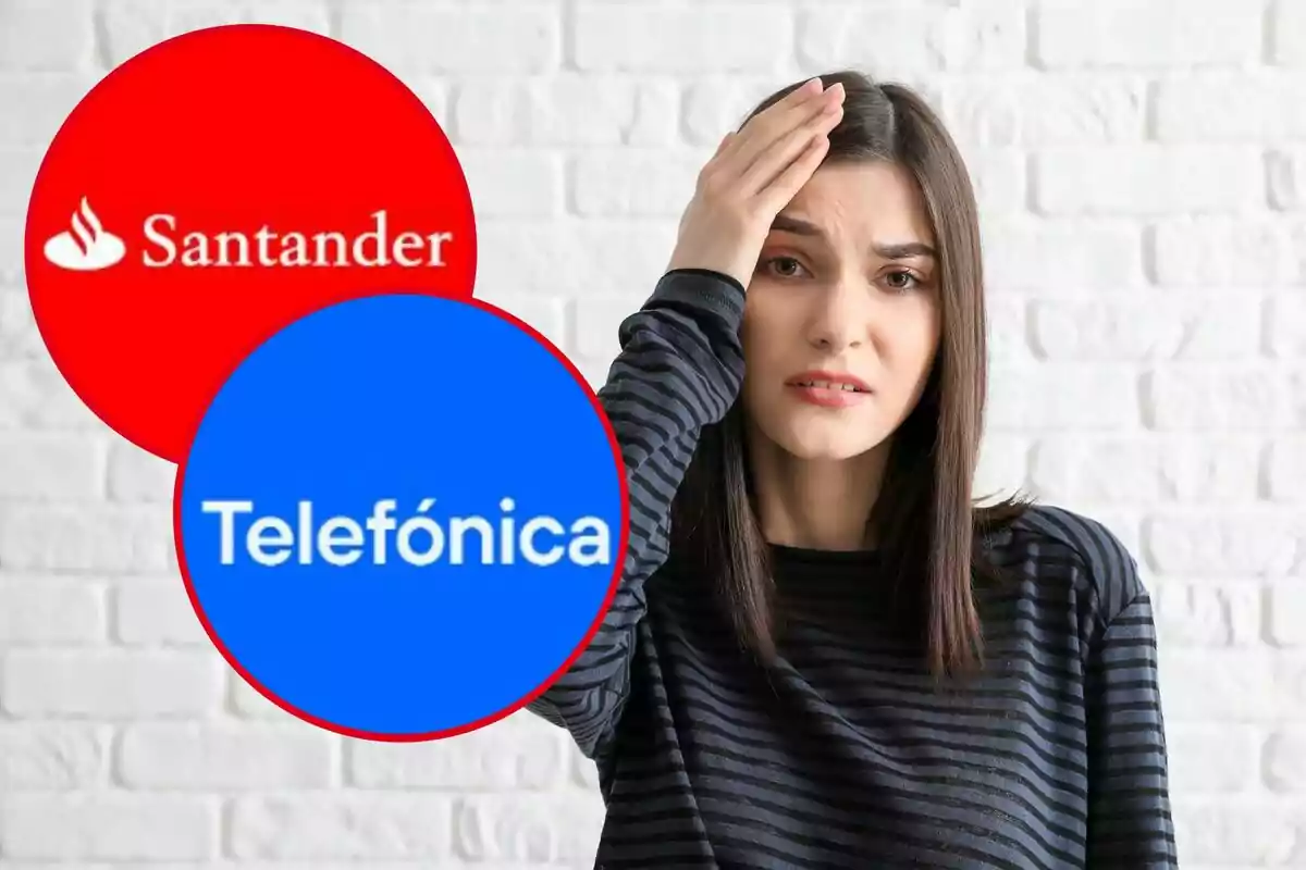 Una mujer se lleva la mano a la cabeza, y en los círculos, los logos de Santander y Telefónica