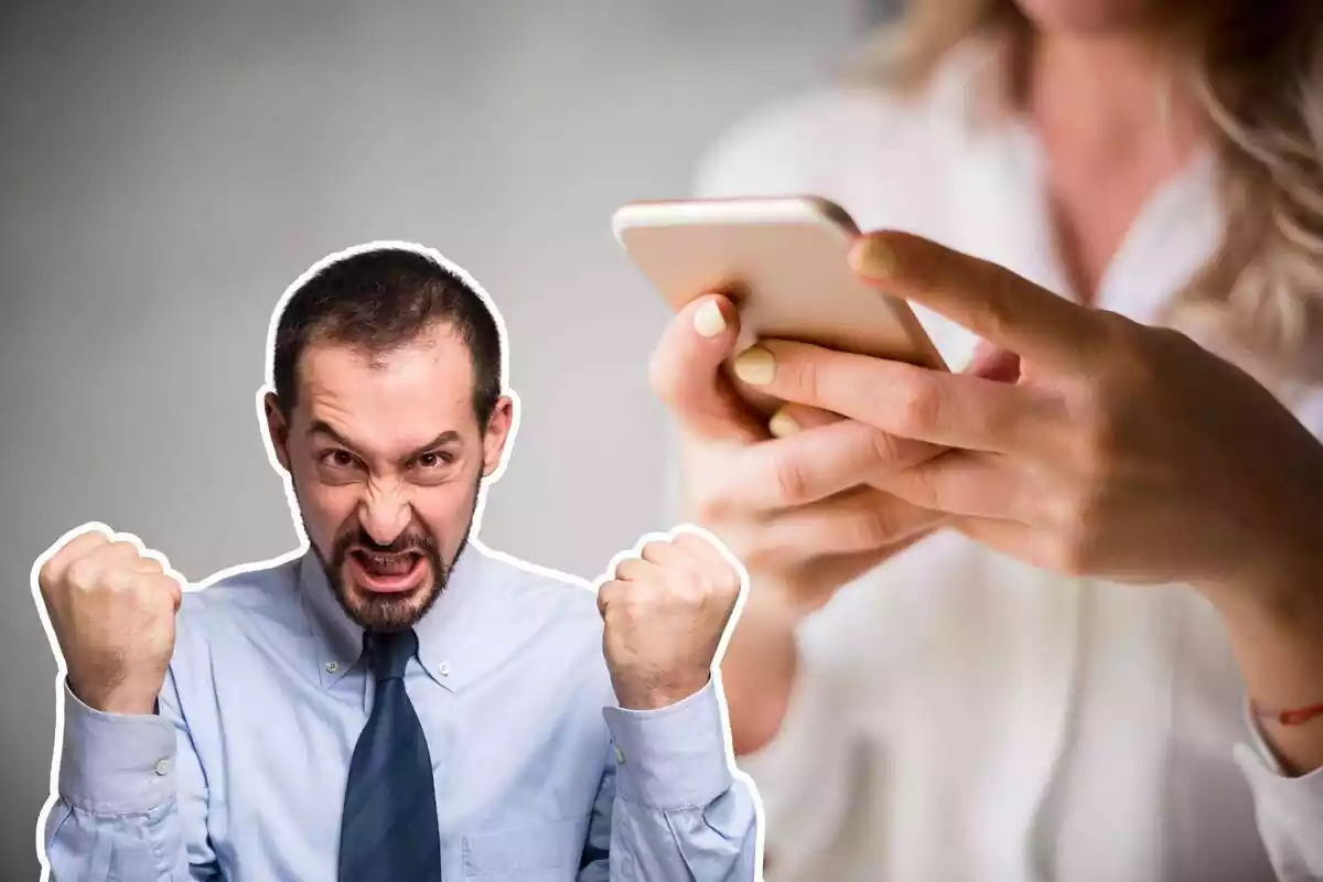 Montaje de un fondo con una chica usando un teléfono y delante un hombre enfadado mostrando los puños