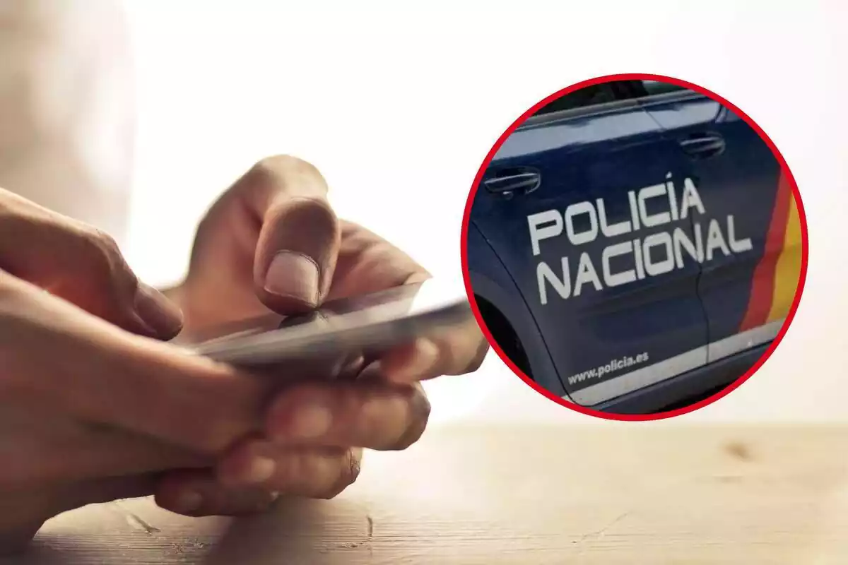 Montaje de las manos de una persona utilizando un móvil y las letras de Policía Nacional de un coche