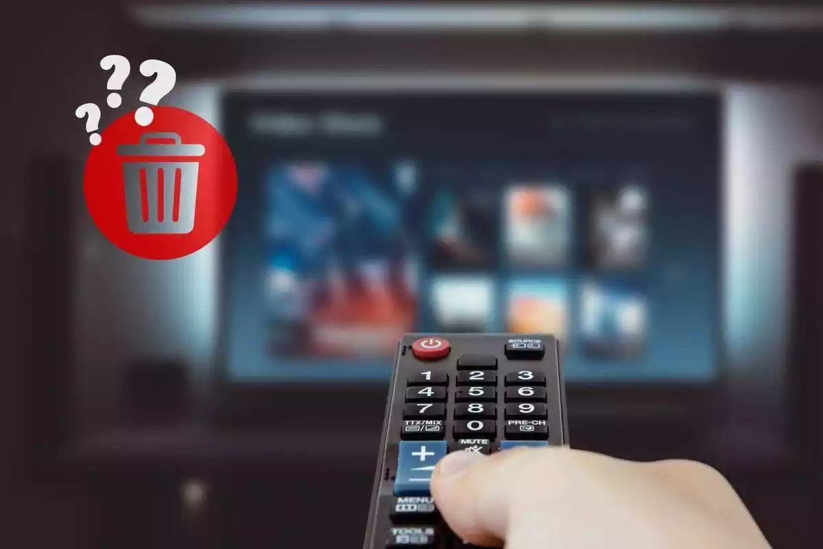 Montaje con una imagen de un televisor junto a un mando a distancia sujetado por una mano y un icono de una basura con interrogantes