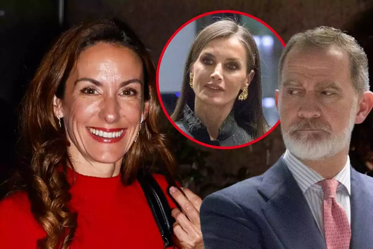 Montaje de Telma Ortiz sonriendo con los labios rojos, Felipe VI serio mirando a un lado y Letizia seria con unos pendientes dorados