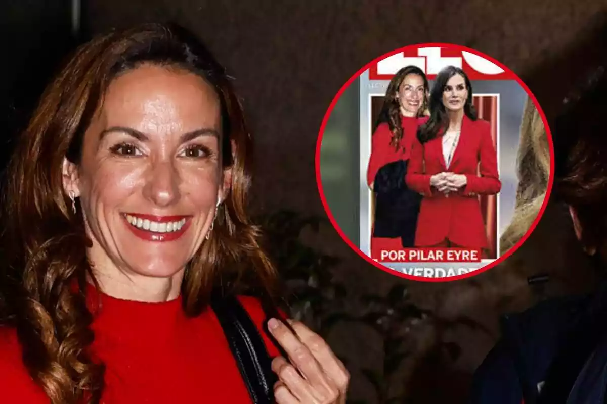 Montaje de Telma Ortiz sonriendo con un jersey rojo y la portada de Lecturas con ella y Letizia con las manos juntas