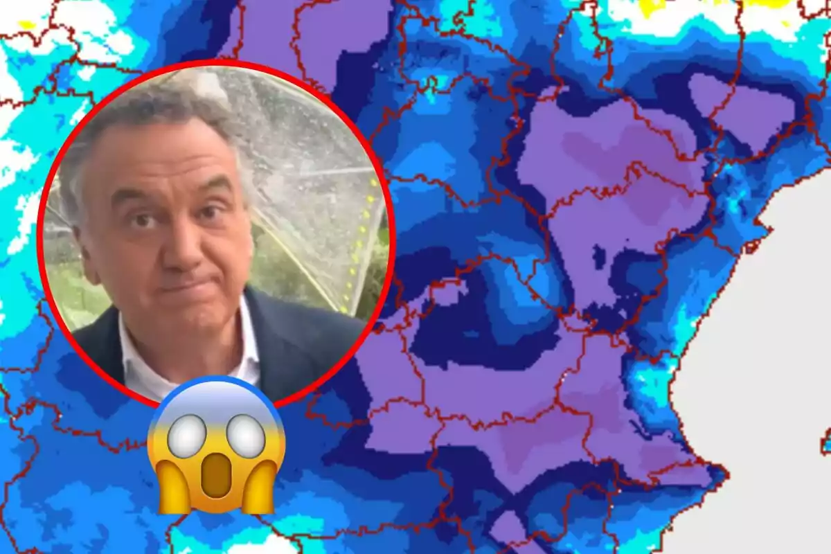 Hombre con expresión sorprendida sobre un mapa meteorológico con colores fríos y un emoji de sorpresa.