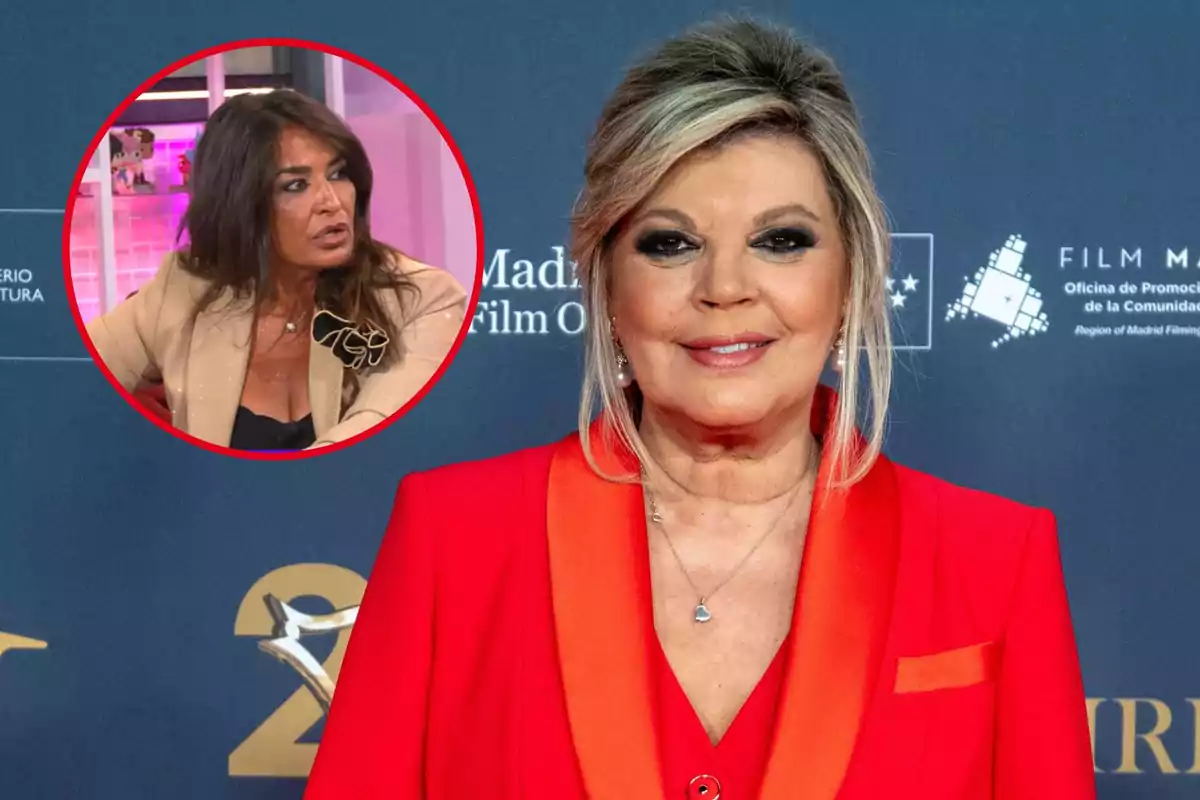 Terelu Campos con un traje rojo posa en un evento, mientras que en un recuadro circular se muestra a Aida Nízar con una chaqueta beige en un entorno diferente.