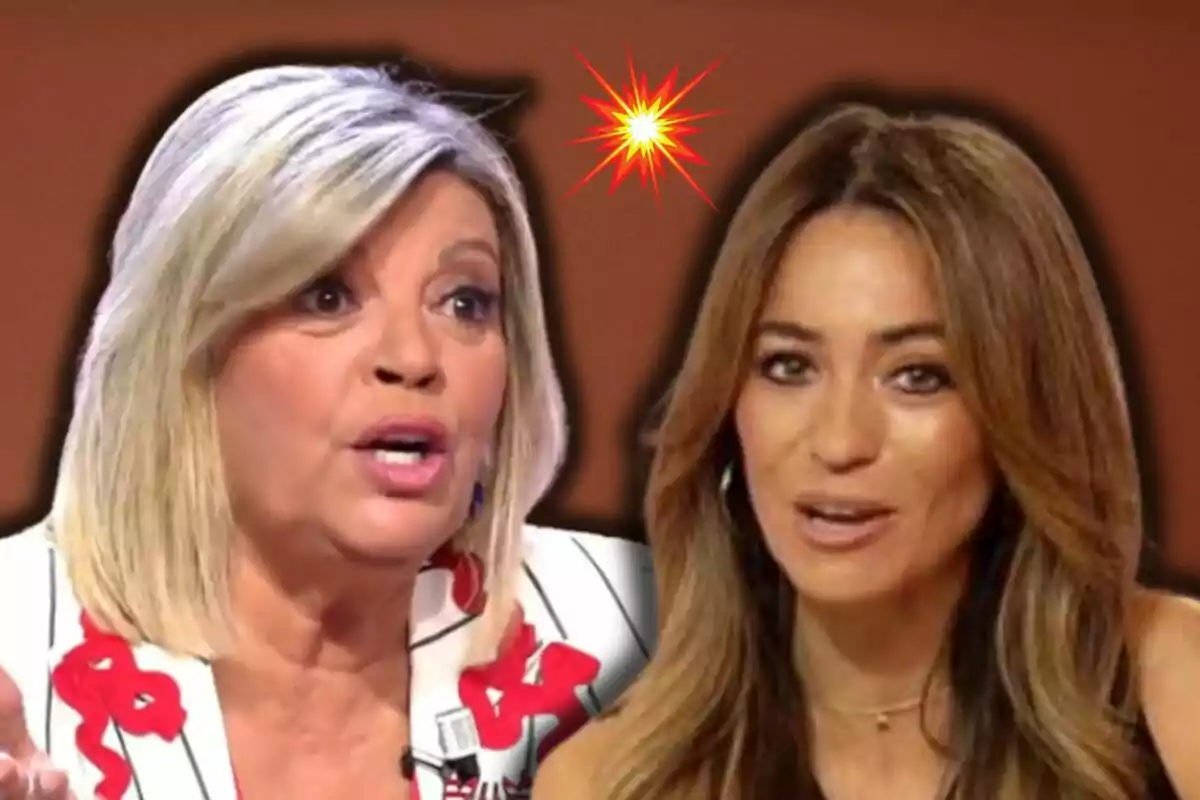 Terelu Campos y María Verdoy conversando con una explosión gráfica en el fondo.