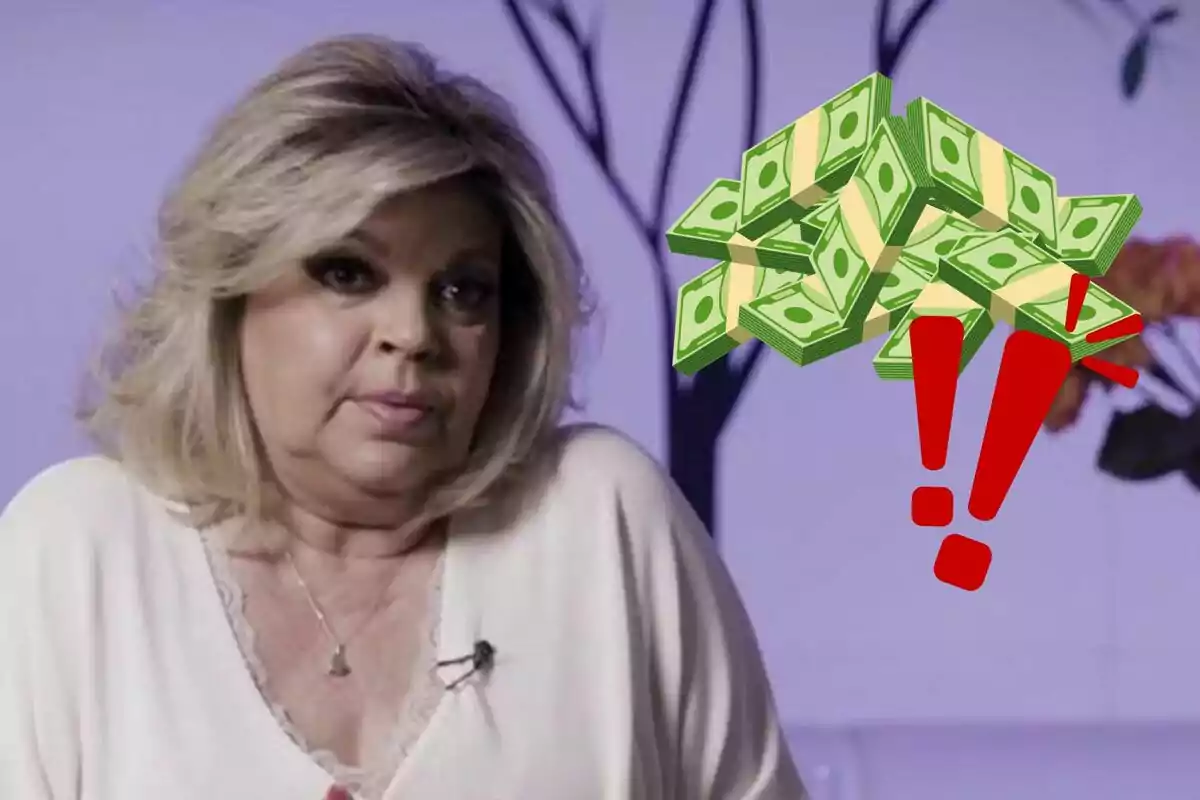 Terelu Campos con expresión seria junto a un gráfico de billetes y un signo de exclamación rojo.