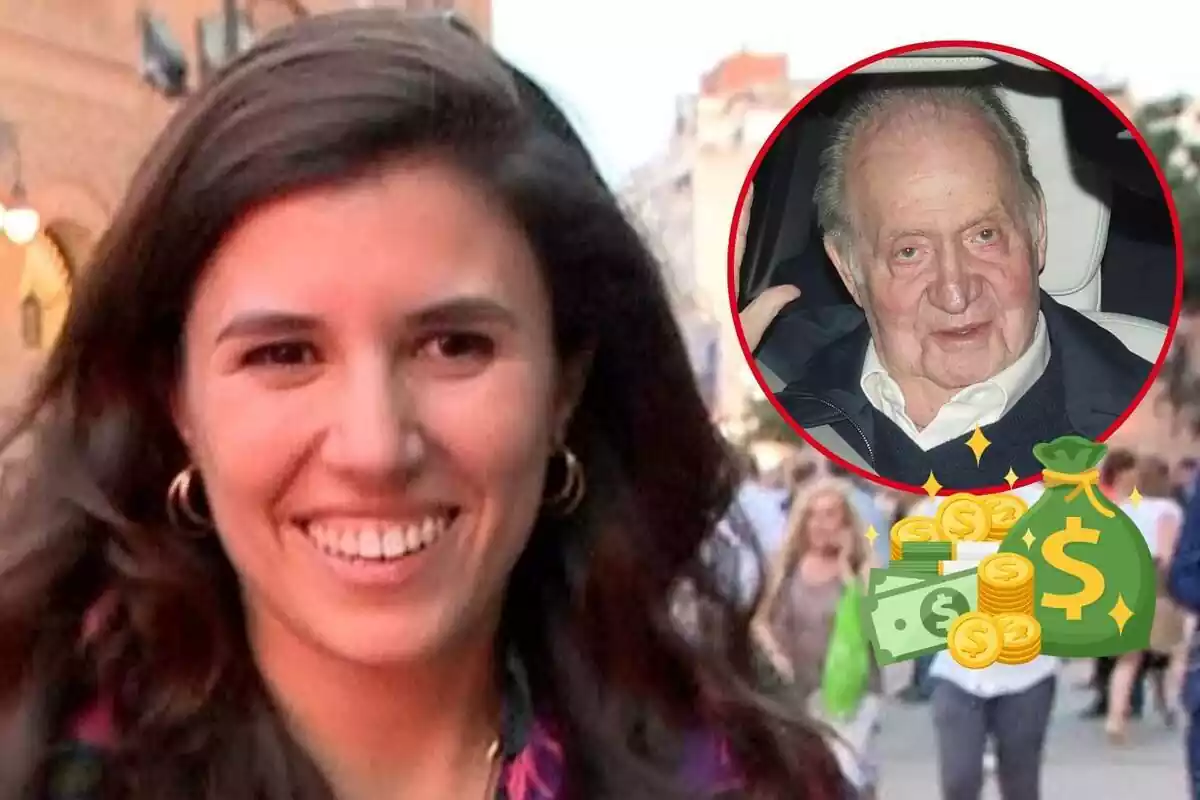 Montaje de Teresa Urquijo sonriendo, Juan Carlos I sonriendo dentro de un coche y dinero