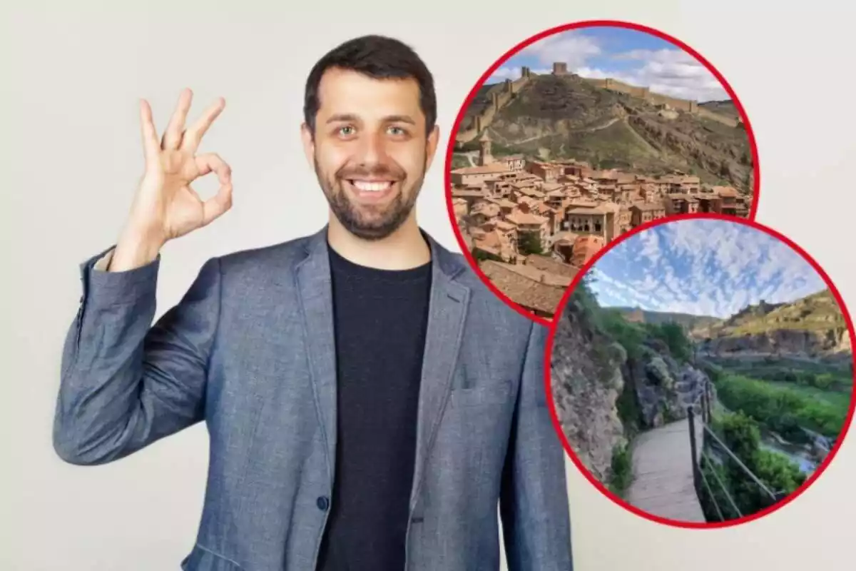 Un hombre con gesto de aprobación y en los círculos, imágenes de Albarracín