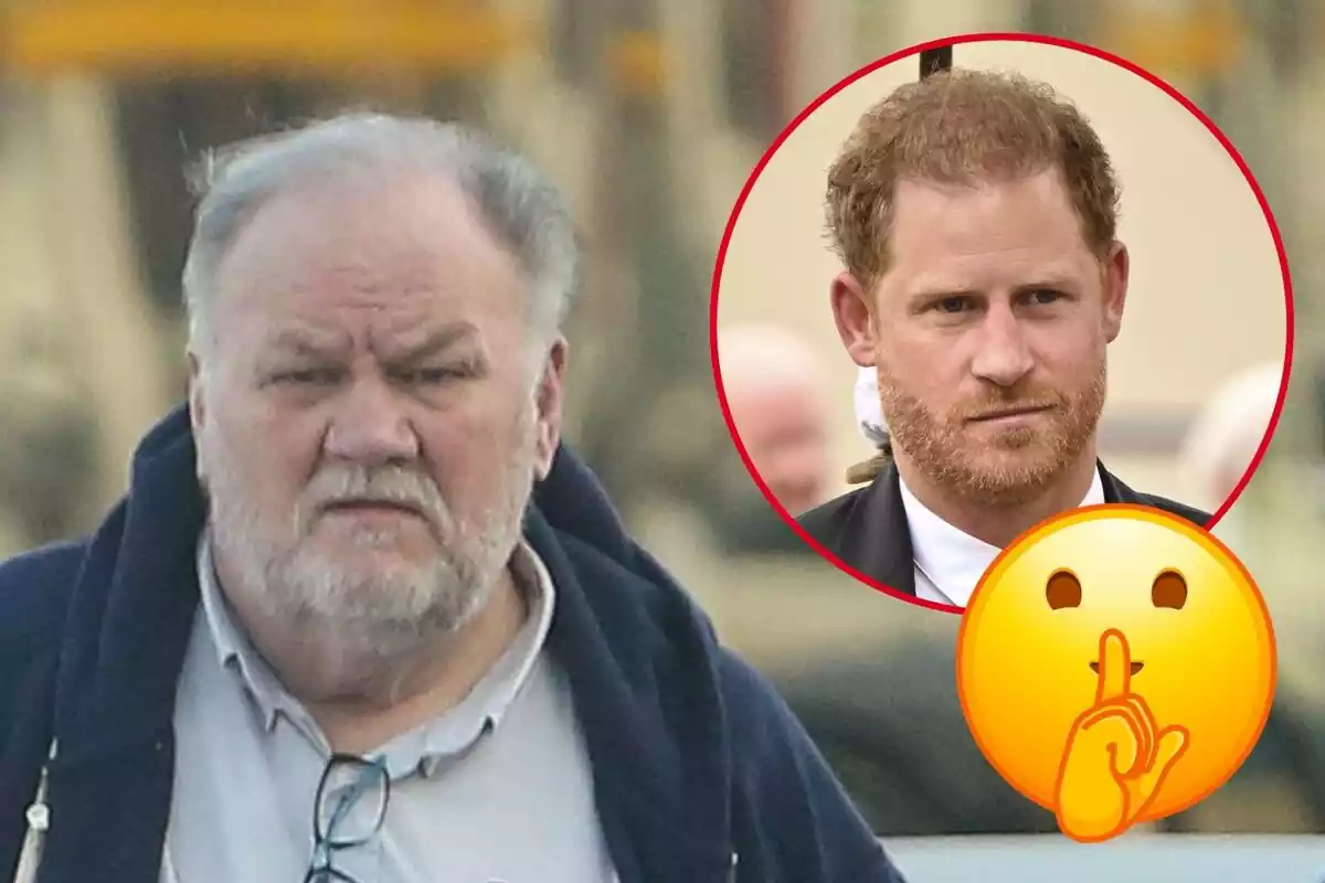 Montaje de Thomas Markle serio con las gafas en el pecho, el príncipe Enrique serio y un emoji haciendo silencio