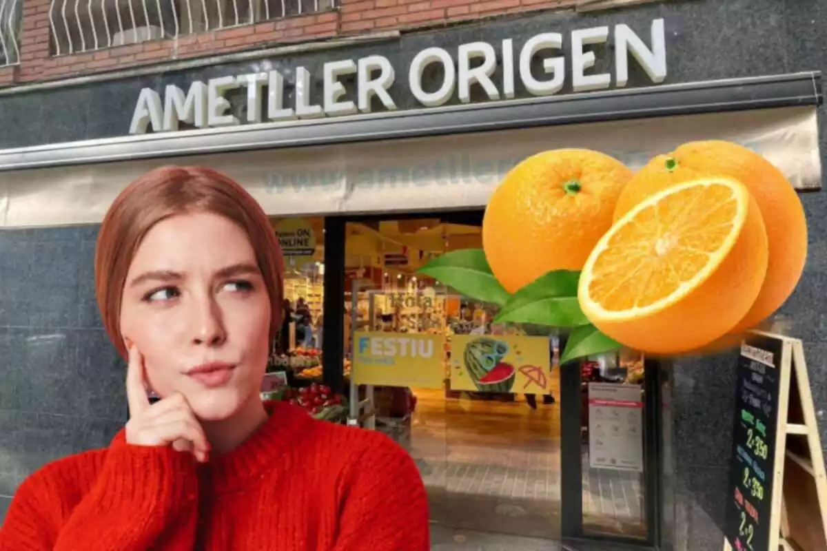 Montaje de una tienda Ametller Origen des del exterior, una chica con un dedo en la mejilla y unas naranjas