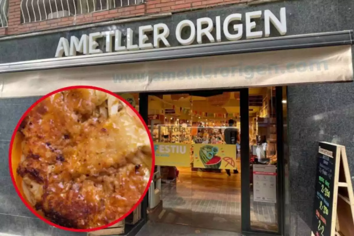 Montaje de una tienda Ametller Origen y un producto gratinado