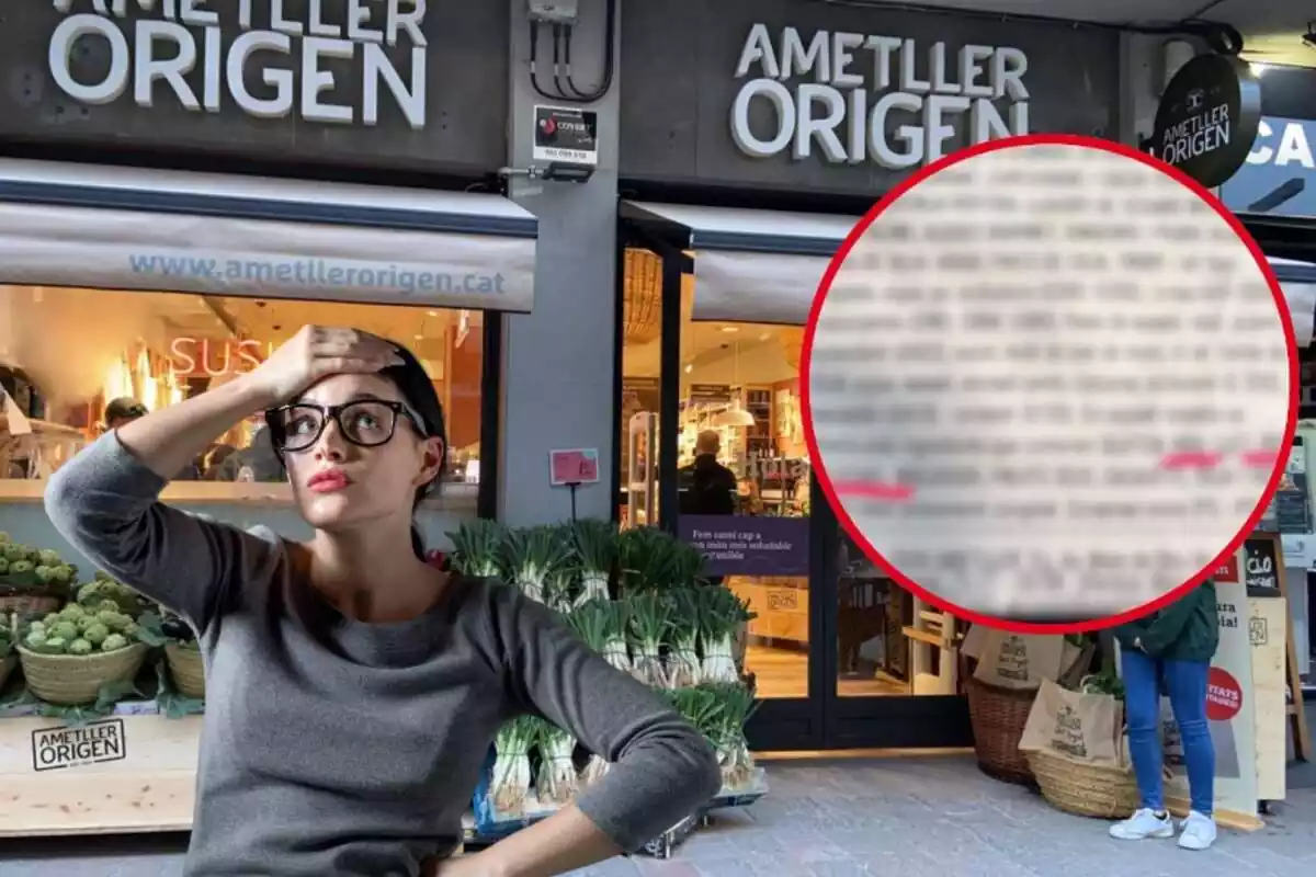 Montaje de una tienda Ametller Origen, una etiqueta subrayada desenfocada y una chica con la mano en la frente