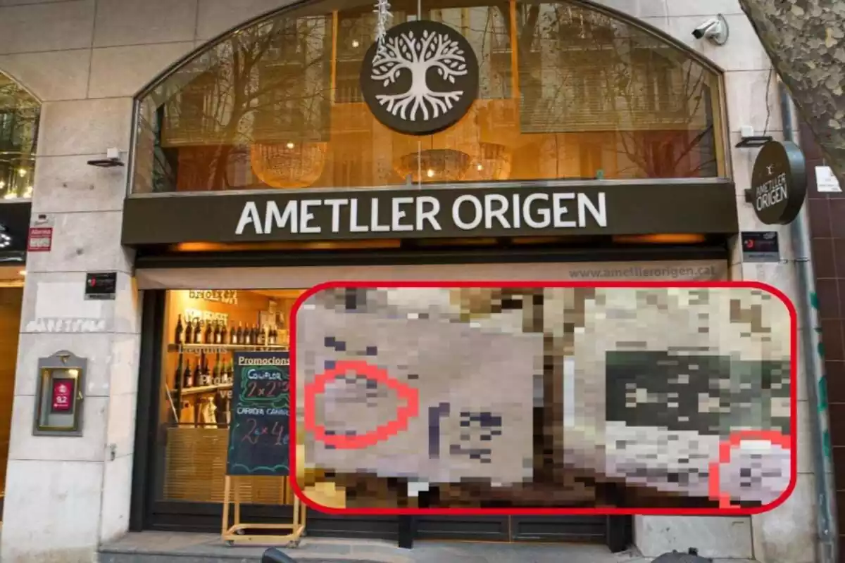 Montaje de una tienda de Ametller Origen y una imagen con la procedencia de las patatas pixelada