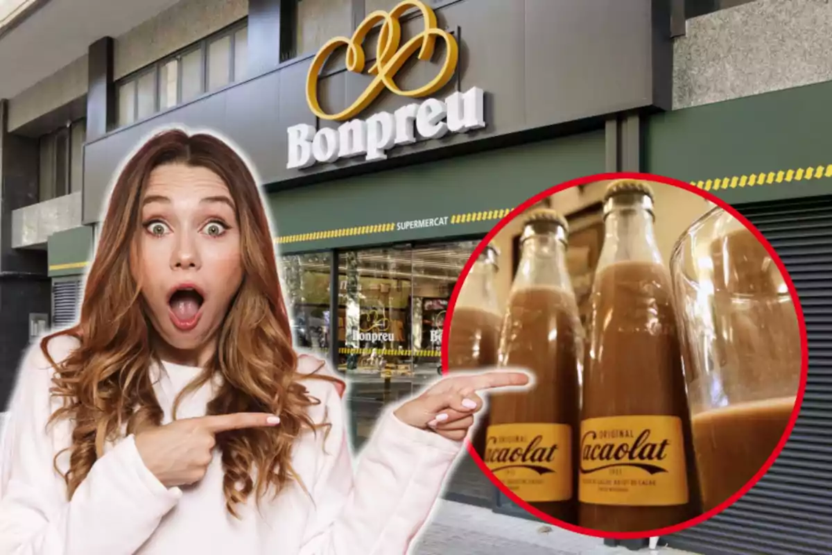 Montaje con el exterior de una tienda de Bonpreu, un círculo con varias botellas de Cacaolat y una mujer con cara de sorprendida