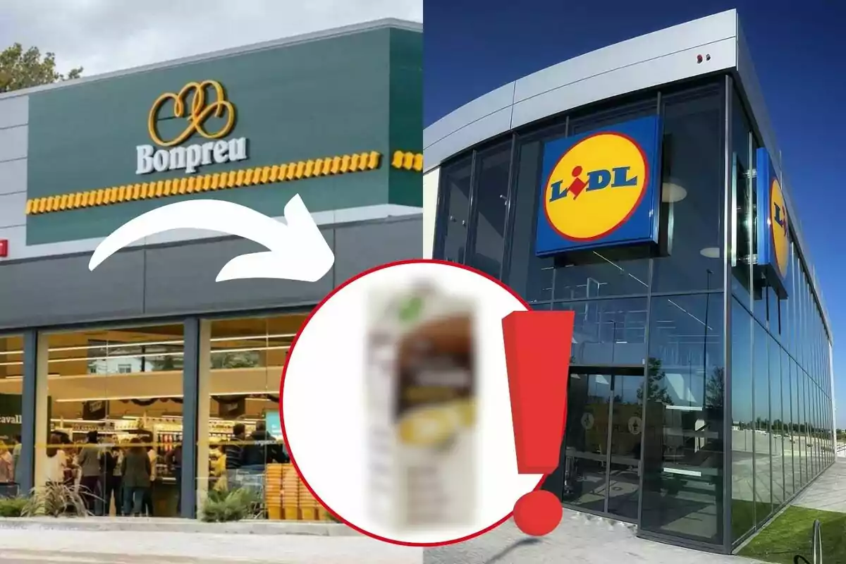 Imagen que muestra dos supermercados, uno de Bonpreu y otro de Lidl, con una flecha blanca apuntando de Bonpreu a un círculo rojo con un signo de exclamación y una imagen borrosa en el centro, y al fondo el supermercado Lidl.